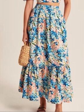 Abercrombie & Fitch Blue Pink Floral Tiered Skirt Elastic Waist Boho Women